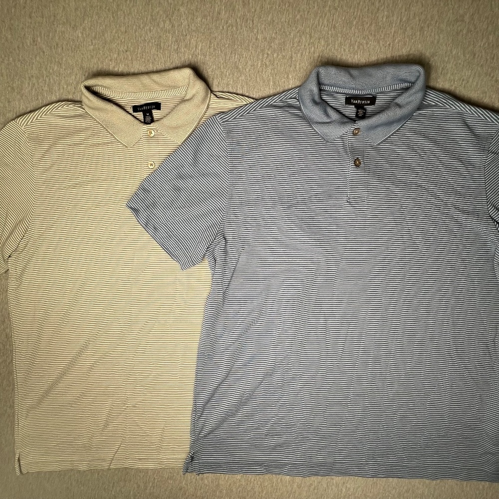 Van Heusen TWO (2) Short Sleeve Golf Polo Shirts Stripe Blue & Tan | Size Medium